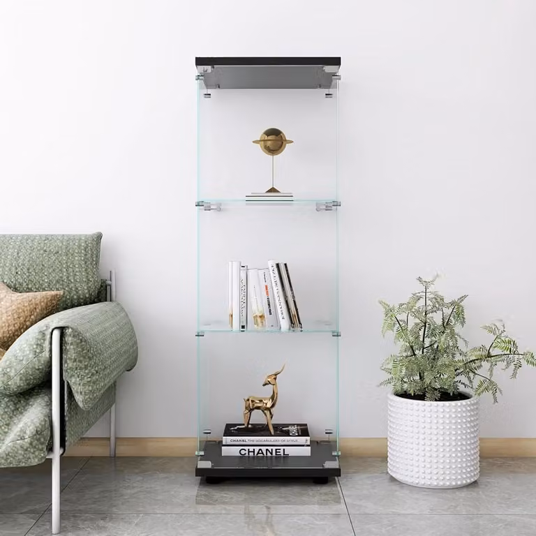 Glazen Vitrine Opbergkast met Slot in Zwart - H 125 x B 42 x D 36 cm