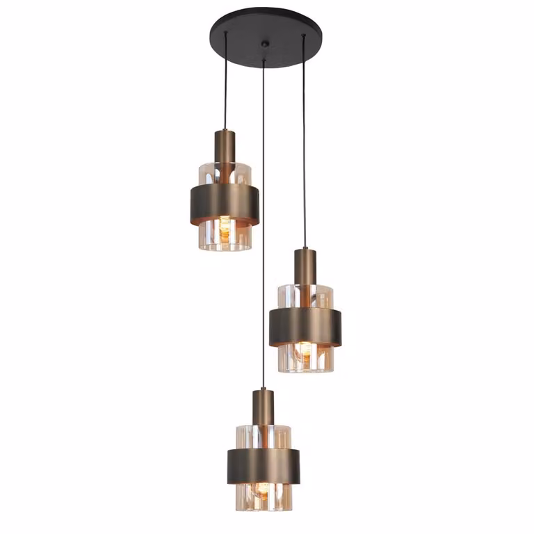 Highlight Marrone Moderne Hanglamp 3 Lichtpunten Rond Brons/Zwart Glas Diameter: 40 cm