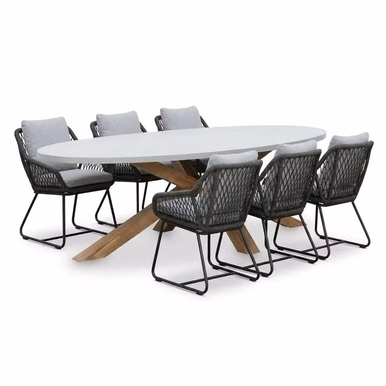 Livorno/Portofino eettafelset voor 6 personen in steengrijs met polystone en touw, Breedte: 240 cm