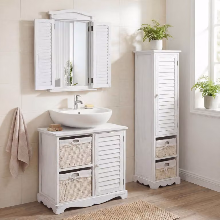 Mendler Badkamer meubel set HWC-H20 in shabby wit met hoge kast, onderkast en wandspiegel