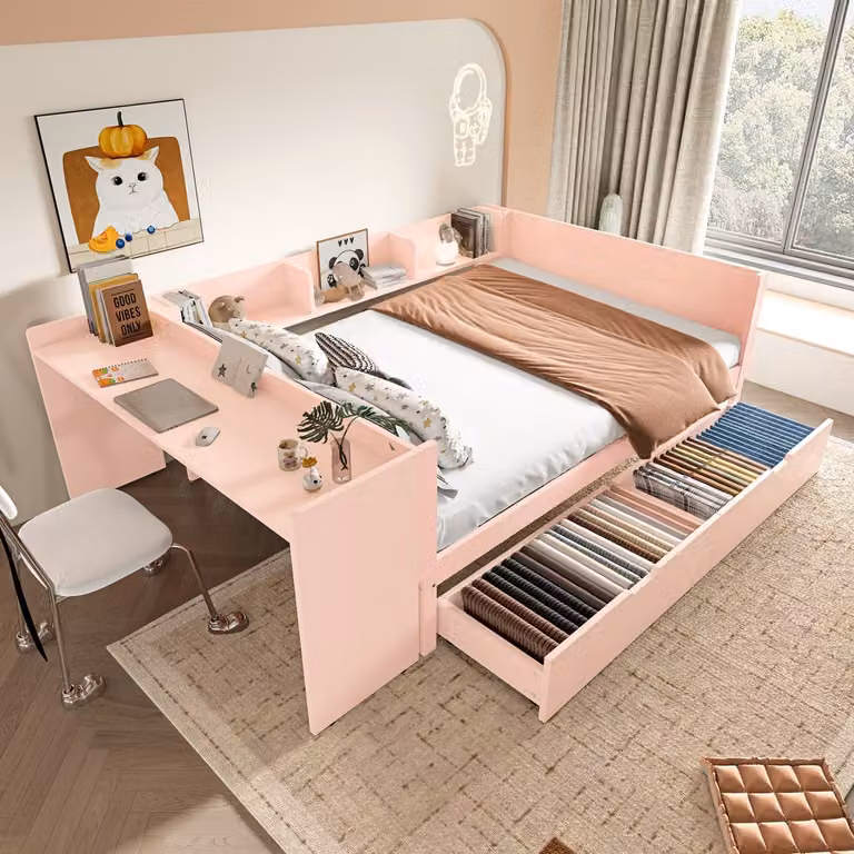 HAUSS SPOLE Houten Bed met Ingebouwd Bureau, 2 Lades en Boekenplank, Grenen, Roze, B/D/H: 140 x 200 cm
