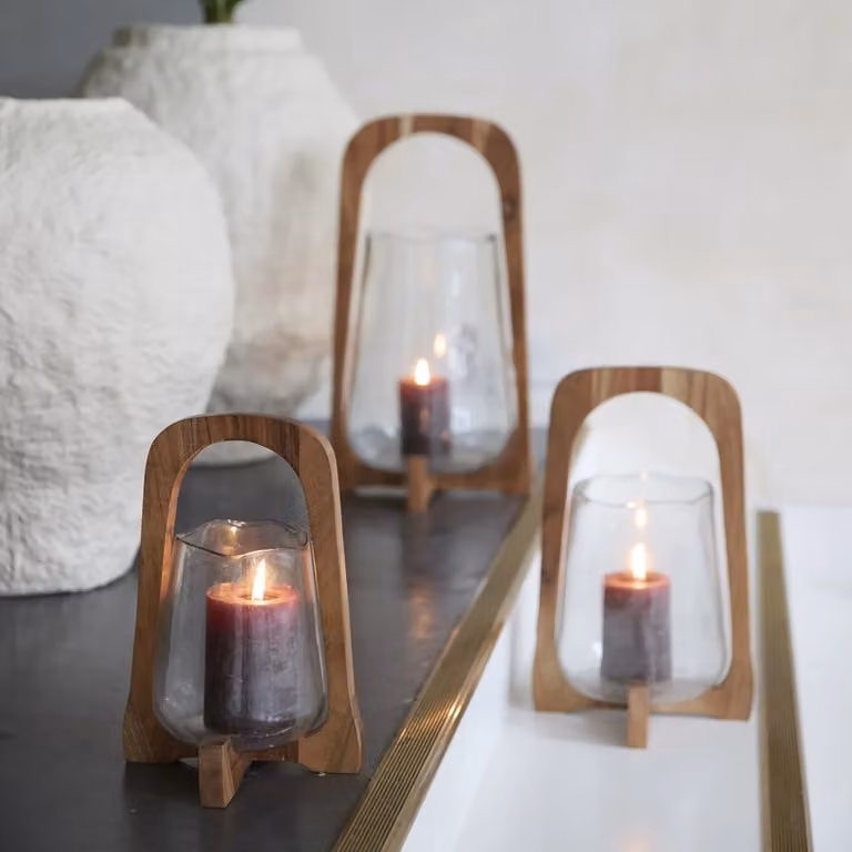 Light en Living Windlicht ANOSY Transparant Glas en Hout Natuurlijk Diameter: 26 cm, Hoogte: 48 cm