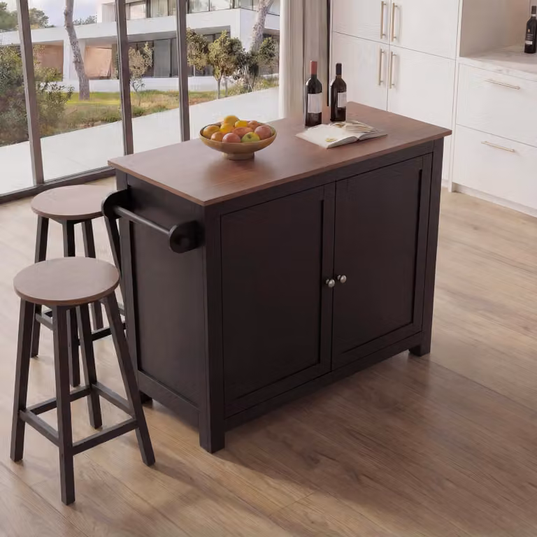 Mendler Keukeneiland HWC-P61 met 2 zitbankjes en opbergruimte, MDF, zwart en donker hout, B: 120 cm, D: 90 cm, H: 45 cm
