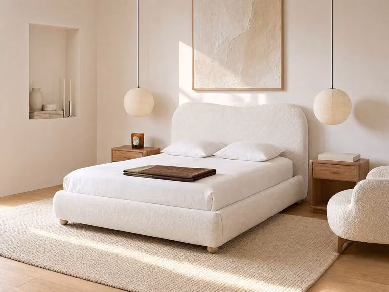 VANARI Bed met opbergruimte in witte bouclé en chenille stof, 160 x 200 cm