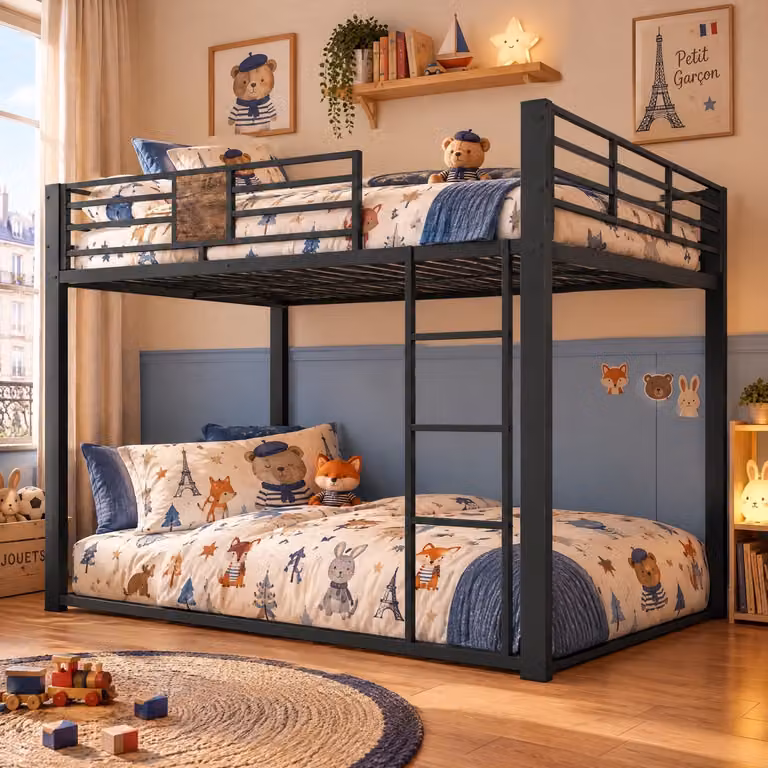 Zwart metalen stapelbed met flexibele ladder en houtlook, B/D/H: 140 x 200 cm