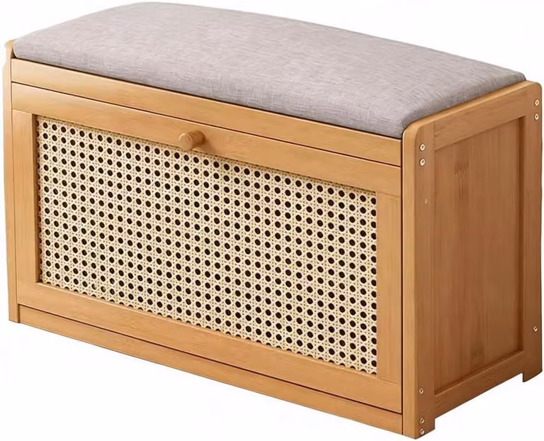 Schoenenbank met kussen in beige boho rotan look, Breedte: 70 cm