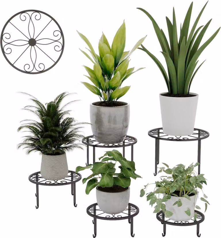 Set van 5 roestbestendige metalen plantenstandaards en bloempot houders in zwart voor buiten decoratie