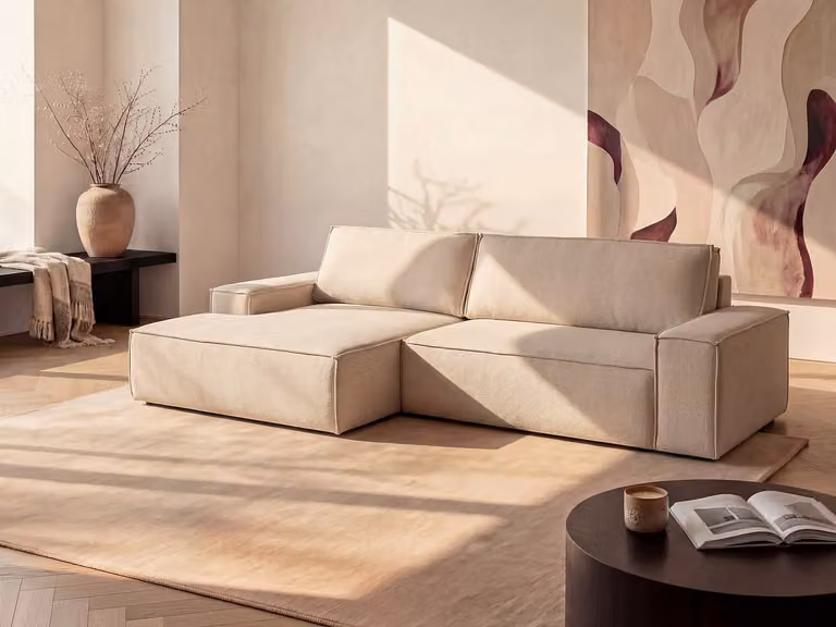AMELIA Hoekslaapbank met linkerhoek in beige getextureerde stof, B/D/H: 267 x 167 x 85 cm