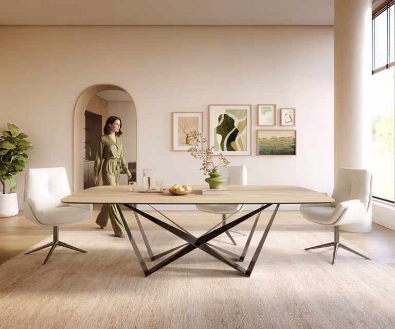 DELIFE Eettafel Edge Boot met Keramiek Laminam Sabbia Eichefarbig en Spider Flachstahl Onderstel in Grafiet, B/D/H: 240 x 120 x 76 cm