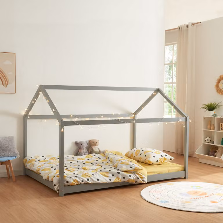 en.casa Kinderbed Cerro huisbed van massief hout grijs B/D/H: 120 x 200 cm