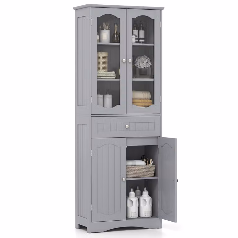Costway Vrijstaande Hoge Badkamermeubel met 4 Deuren en Lade, Grijs, B/D/H: 60 x 30 x 160 cm