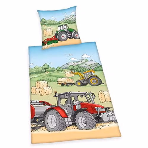 Herding Young Collection beddengoedset met tractormotief, meerkleurig, katoen/renforcé, Dekbedovertrek 140 x 200 cm en Kussensloop 70 x 90 cm