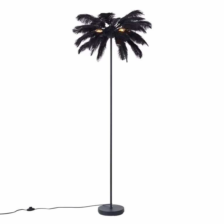 Qazqa Art Deco vloerlamp met zwarte veren en metalen voet - Zwart