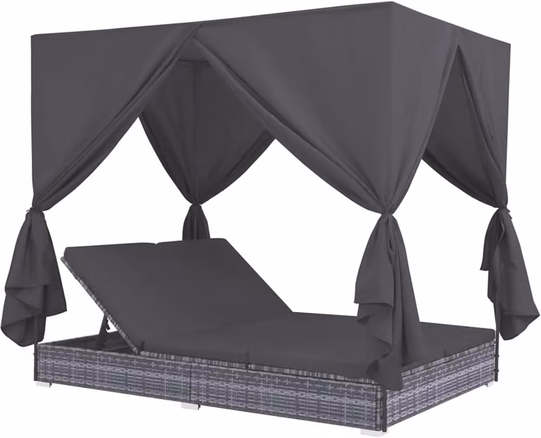 Grijs polyrotan loungebed met gordijnen voor in de tuin of op het balkon