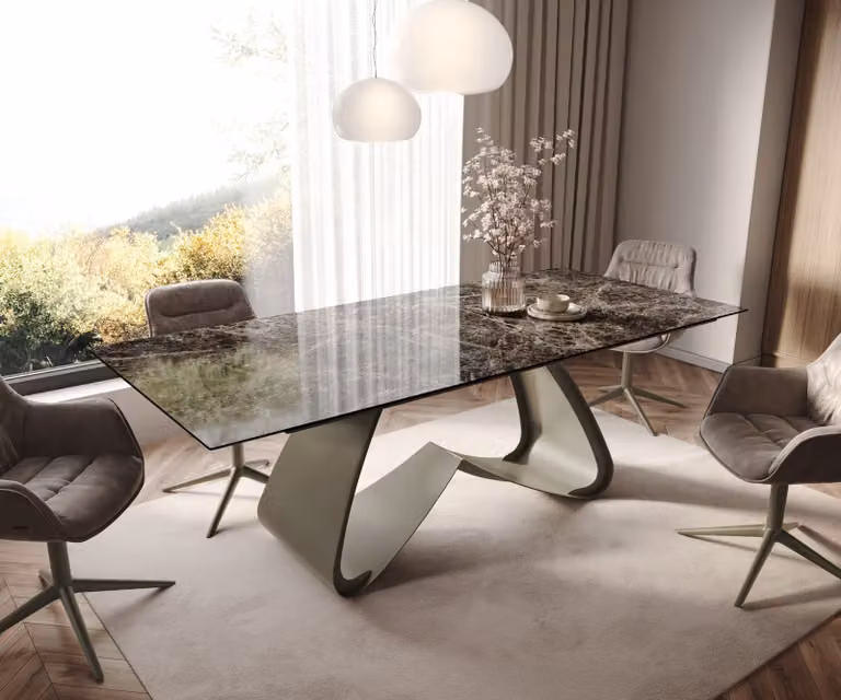 DELIFE Eettafel Edge Keramiek Emperador Extra Lucidato Donkerbruin met Titanium W-onderstel en Telescopisch Uitschuifbaar systeem B/D/H: 180-220 x 100 x 76 cm