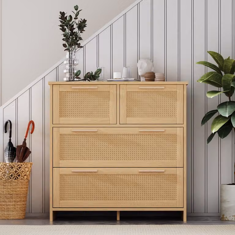 Clruro Dressoir met 4 Lades - Rattan - Hout - Naturel - B/D/H: 80 x 38 x 80 cm