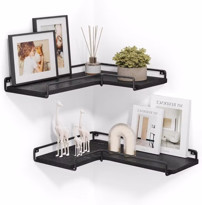 Set van 2 Zwarte Zwevende Hoekplanken met L-vormig Ontwerp voor de Woonkamer, Slaapkamer of Keuken
