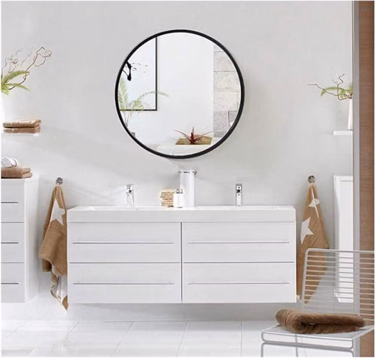 Ronde wandspiegel voor badkamer en make-up met zwart metalen frame, B/D/H: 40 x 40 cm