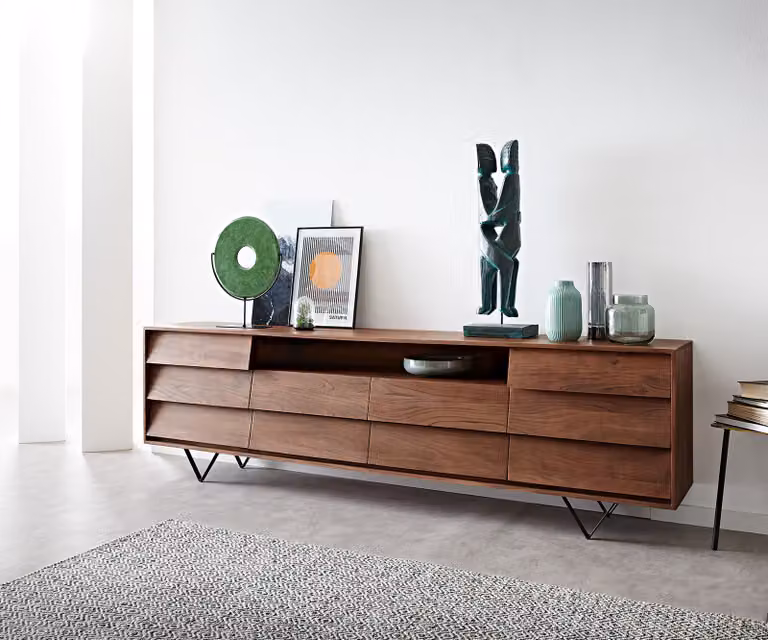 DELIFE Dressoir Eloi Acacia Bruin met 2 Deuren en 6 Laden en Zwarte V-Poten B: 240 cm, D: 40,5 cm, H: 65 cm