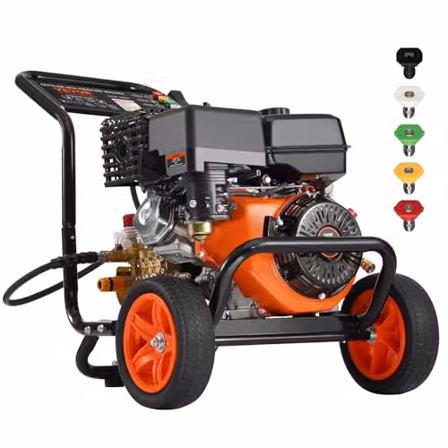 VEVOR gasaangedreven hogedrukreiniger met koperen pomp, 4400 PSI, 15 l/min, oranje/zwart, inclusief spuitpistool, verlengstang en 5 spuitmonden
