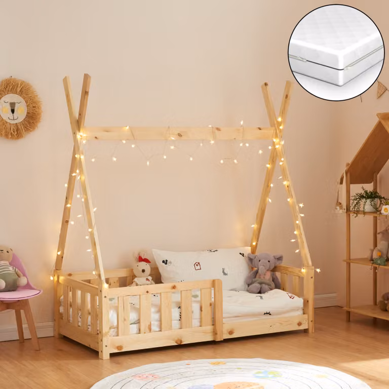 en.casa Kinderbed Helsingborg van massief grenenhout met matras en valbeveiliging, natuurlijke houtkleur, B/D: 70 x 140 cm