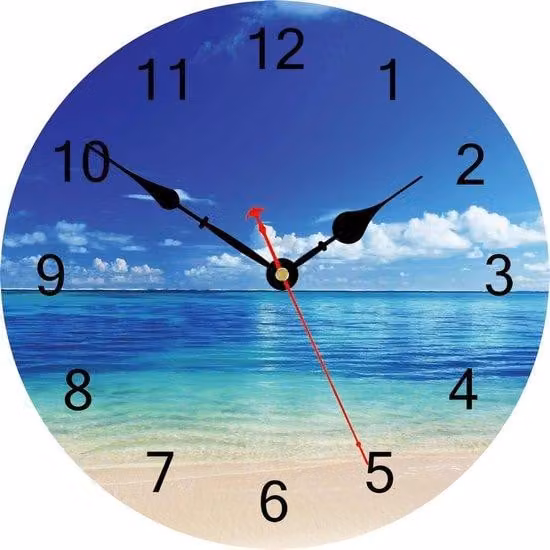 Stille analoge wandklok met maritiem strandontwerp in blauw en wit, diameter 34 cm