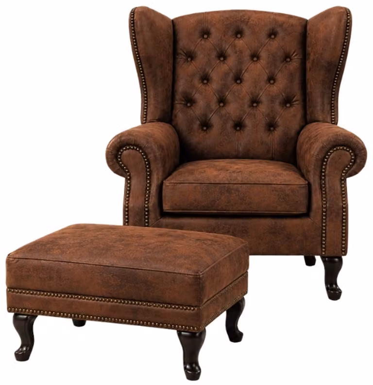Chesterfield Fauteuil met Hocker - Vintage Bruin Leer - Lounge Stoel Set