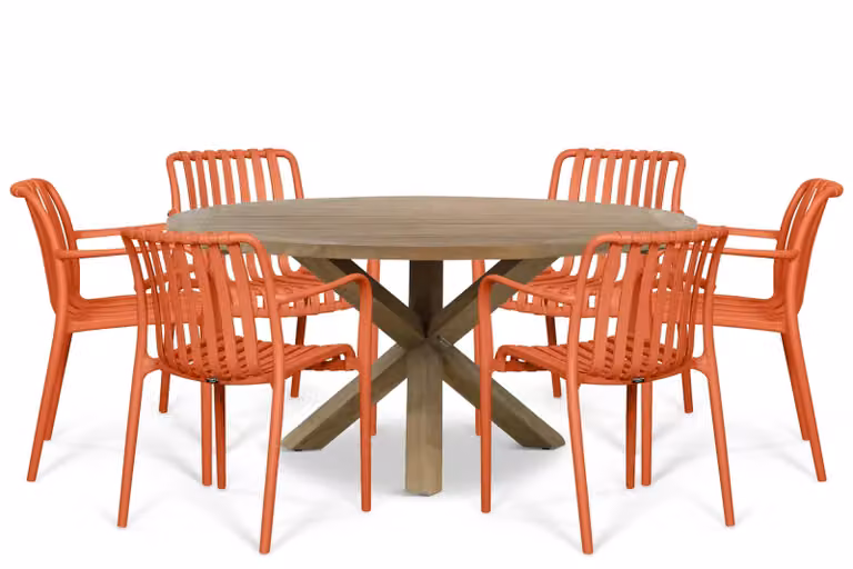 Domani Furniture Alba/Sand City 7-delige moderne tuinset met ronde tafel van 160 cm in terra en sand