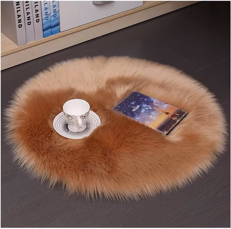 Rond kunstbont tapijt kaki, wasbaar en zacht imitatie wol, Diameter: 50 cm