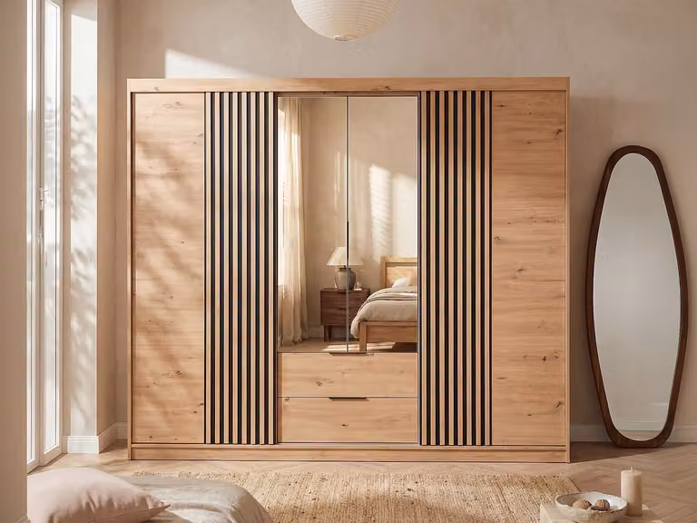 SIDOVIA Kast met schuifdeuren, spiegel en lades - Bruin houteffect - B: 221 cm, D: 60 cm, H: 213 cm