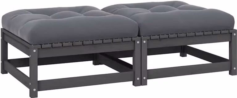 Set van 2 grijze tuinvoetkrukken van massief grenen hout met kussen, modulaire outdoor kruk voor lounge sets, belastbaar tot 110 kg
