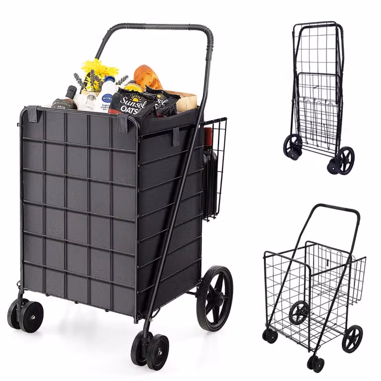 Costway Boodschappentrolley met Oxford Voering, Opvouwbare Metalen Trolley met Universele Voorwielen, 120 L Inhoud