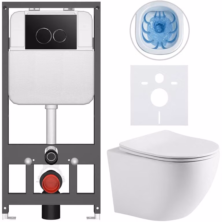 Cerano Toiletset Podomítkový Cesso - Wit Mat met Zwarte Prime/Dualo Bedieningsknop - Wandcloset voor Inbouw - 49 x 36 cm