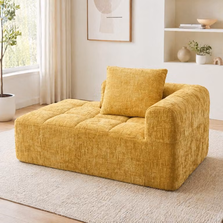 COVREO Chaise longue met kussen en zijvakken, geel chenille, B/D/H: 158 x 90 x 60 cm