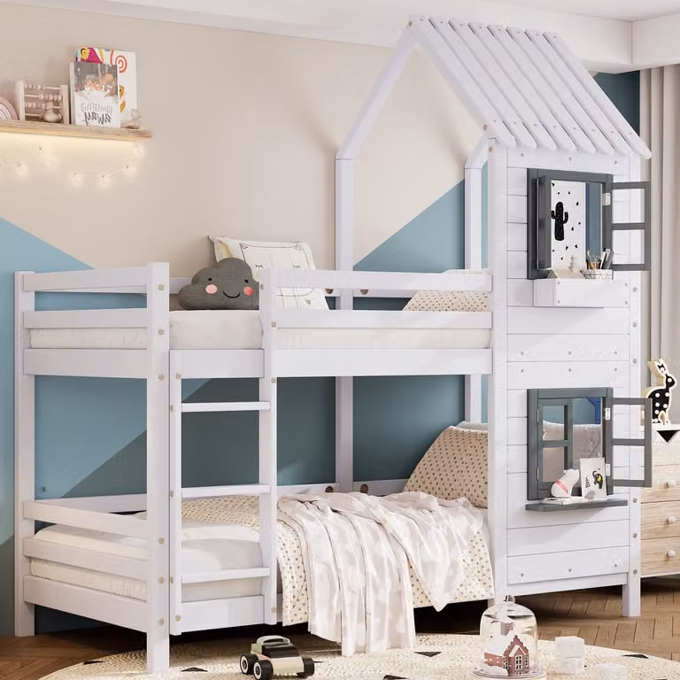 OKWISH Stapelbed voor kinderen met ramen, leuning en opbergbox, Wit+Grijs, 90 x 200 cm