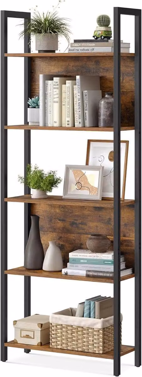 Boekenplank Opbergrek met Stalen Frame en Verstelbare Planken - Rustiek Bruin - Hoogte: 165,1 cm