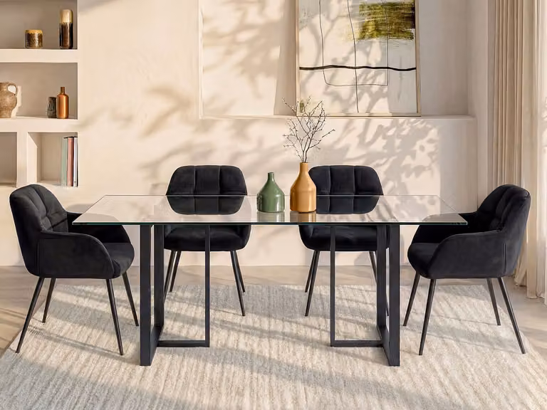 NILESA Eettafel voor 6 personen in gehard glas en roestvrij staal - Transparant en zwart - B/D/H: 180 x 90 x 75 cm