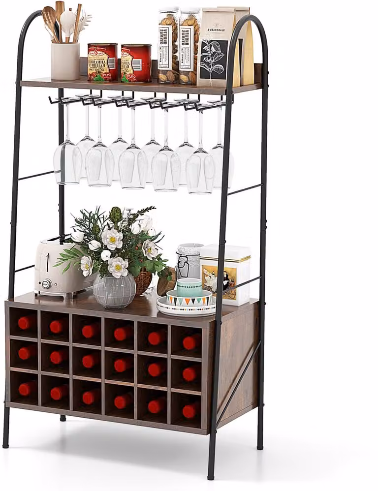 Costway Wijnrek voor 18 flessen met 5 wijnglashouders en 2 planken, Rustiek Bruin, B/D/H: 63 x 32 x 114,5 cm