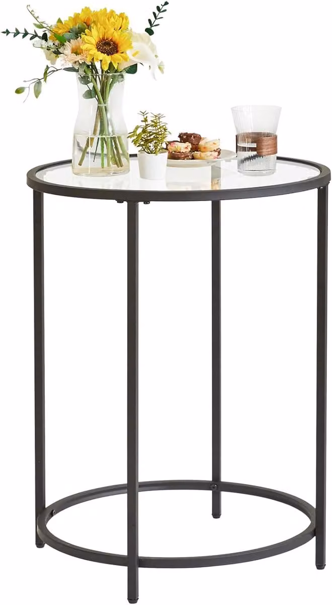 Ronde Bijzettafel van Gehard Glas met Metalen Frame, Hoogte verstelbaar, B/D/H: 50 x 50 x 65 cm