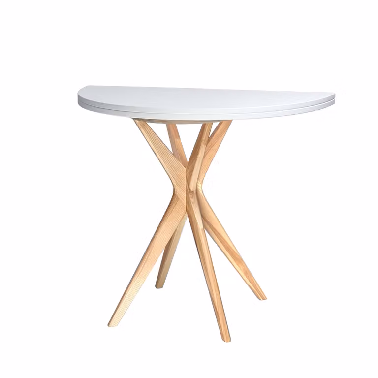 Jubi uitschuifbare half ronde eettafel van essenhout in het wit