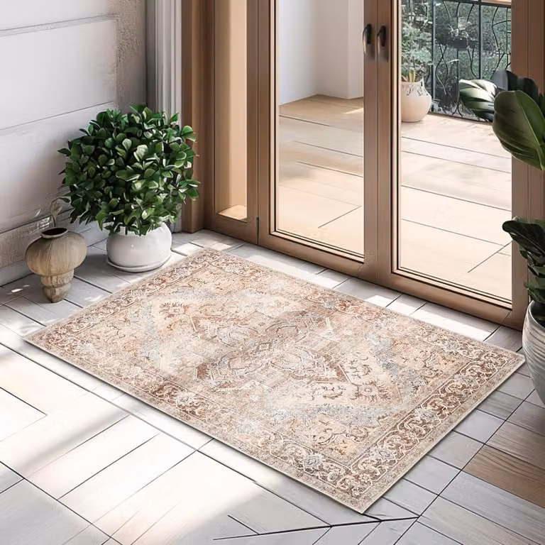 Luxe beige vloerkleed met floraal design voor woonkamer of slaapkamer, rechthoekig en antislip
