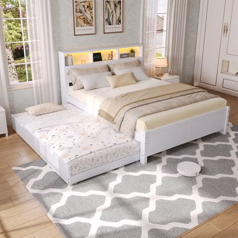 Familiebed 120x200 cm met uitschuifbaar bed 90x190 cm, LED-sfeerverlichting, USB-laadpoort en opbergvak, Wit