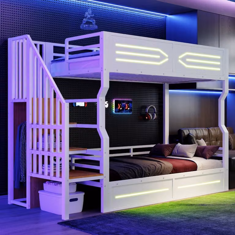 Moderne Hoogslaper met Opbergruimte en LED-verlichting in Wit en Zwart, B/D/H: 90 x 200 x 175 cm