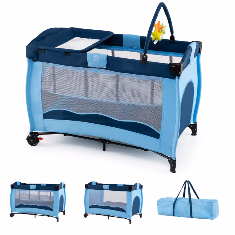 Costway 4 in 1 Opvouwbaar Babybed met Matras en Wielen Blauw B/D/H: 126 x 74 x 88 cm