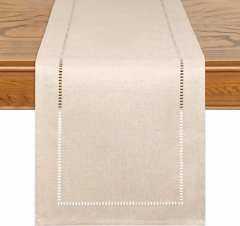 Beige linnen tafelloper van 274 cm voor boerderijstijl en moderne eetkamertafels