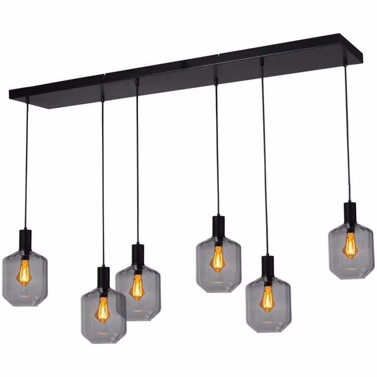 Masterlight Porto 6-lichts hanglamp - zwart - met smoke glazen