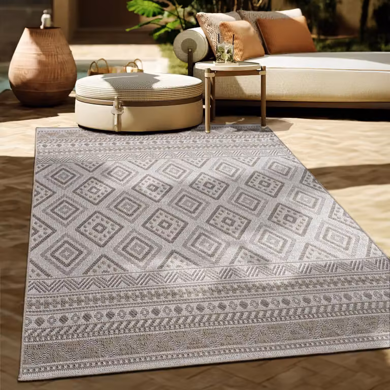 Paco Home Buitenkleed Rond, Boho Geometrisch Design, Polypropyleen, Diameter: 200 cm