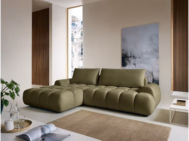 FARNETA Hoekslaapbank met hoek links in groene chenillestof met slaapfunctie, B/D/H: 280 x 177 x 86 cm