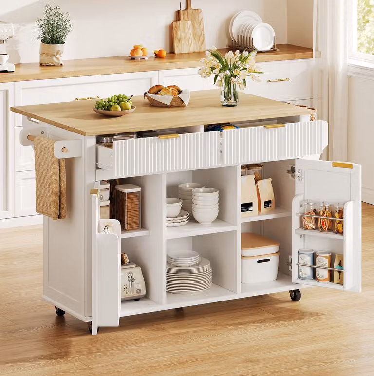 WUVRIE Keukeneiland met klapbaar werkblad, 2 lades en 2 deuren, Wit/naturel, B: 143 cm, D: 45 cm