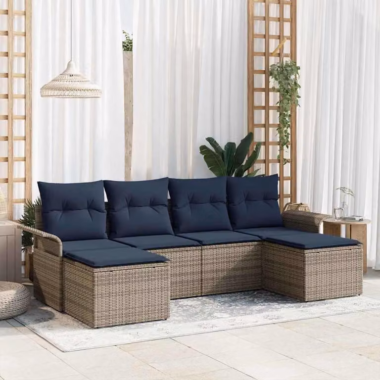 6-delige grijze L-vormige buitenbank van rattan met stalen frame voor in de tuin